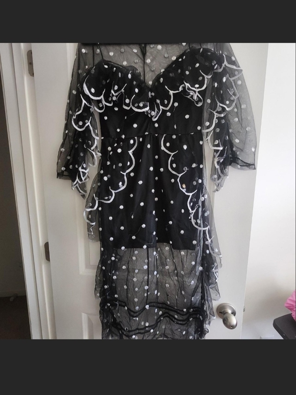 Sheer Black Polka Dot Ruffle Midi Dress
